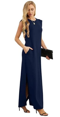 HiMONE 2026 Petite Women Year-Round Casual Round Neck Loose Split Wrinkle-Free Long Maxi Vacation Dress with Pockets Navy Blue - Thumbnail 6