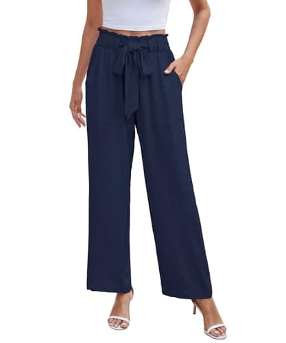 NILOUFO Casual Pants for Women Summer Lightweight Wide Leg Pants High Waisted Elastic Waist Tie Knot Trousers with Pockets(Navy Blue, Large) - Image 1