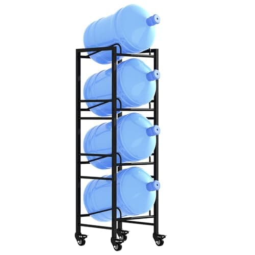 Vorshape 4 Tier 5 Gallon Water Jug Holder with 4 Lockable Wheels - Water Bottle Rack Organizer with Movable Casters, Heavy Duty Water Storage Rack Dispenser Stand for Kitchen Office Garage/Black - Image 1