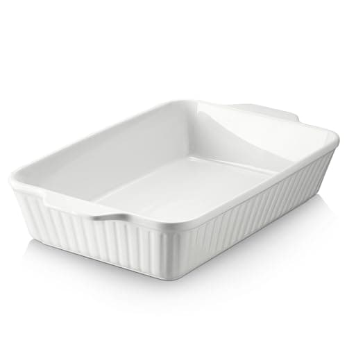 DOWAN Casserole Dish, 9x13 Ceramic Baking Dish, Large Lasagna Pan Deep for Oven, 4.2 Quarts Baking Pan with Handles, Oven Safe and Durable Bakeware for Lasagna, Home Decor, Wedding Gift, Soft White - Image 1