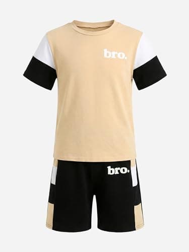 GEMLON Boys Clothes Size 6 5 Color Block T Shirts Cotton Shorts Sets Letter Print Clothing Set Soccer Boys Outfits - Thumbnail 6
