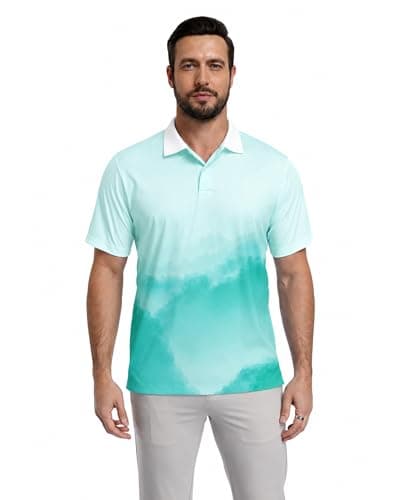KUYIGO Mens Golf Shirt Short Sleeve Novelty Golf Polo for Men Dry Fit Moisture Wicking Casual Collared Print Polo Shirt M Turquoise - Thumbnail 2