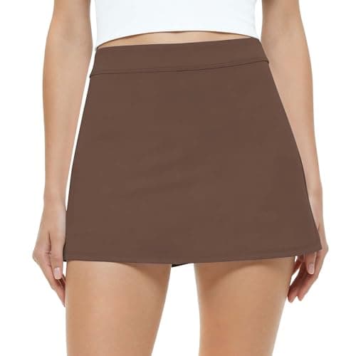 SEAJOJO Skorts for Women with Pockets High Waisted Athletic Tennis Mini Skirt with Shorts Underneath Golf Pickleball Workout Brown - Image 1