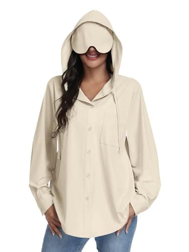 Kimmery UPF 50+ Travel Hoodie with Eye Mask for Women Outdoor Button Up Sun Shirt with Pockets for Airplane Apricot XL - Image 1