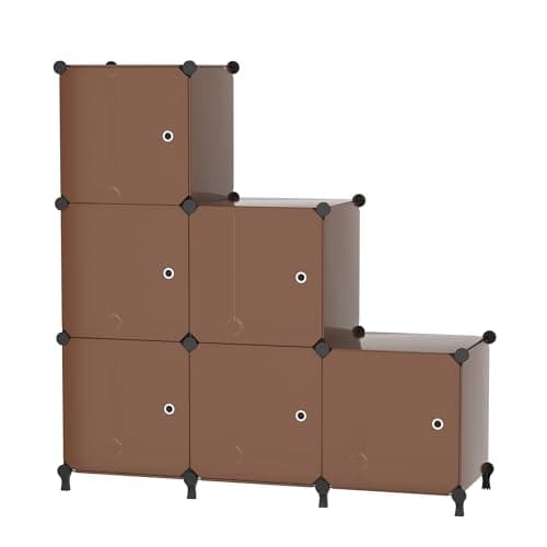 ATTDETJL Cube Storage Organizer, 6-Cube Shelves Unit with Doors, DIY Stackable Plastic Clothes Organizer for Bedroom and Under Stairs Storage Unit, Each Compartment 30 x 30 x 30 cm Brown ATTSL6007