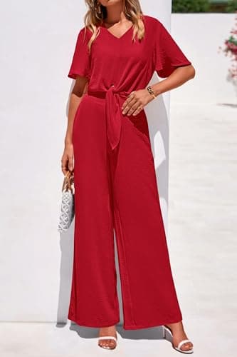 PRETTYGARDEN Women 2 Piece Summer Outfits Short Sleeve Strappy Top Wide Leg Pants Tracksuit Lounge Sets Beach Clothes(Red,Small) - Thumbnail 4
