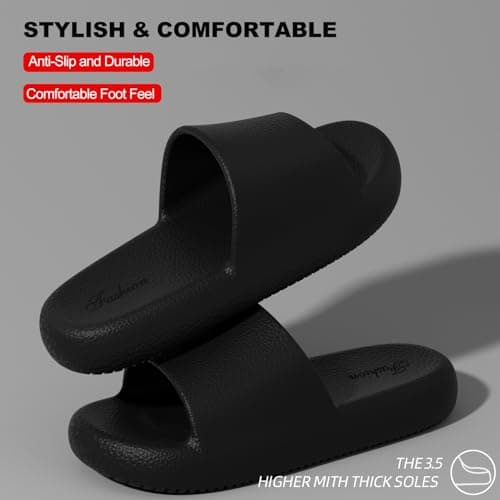HUILONGJIA Cushioned Slides House Slippers for Men, Summer Pillow Sandals Non-Slip Pool Bath Shower Shoes Coud Soft for Indoor Outdoor, Black Mens Size 8-9 - Thumbnail 4