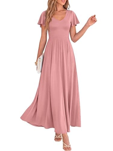 BTFBM Formal Dresses for Women Summer Outfits V Neck Ruffle Sleeve A Line Maxi Elegant Cocktail Wedding Guest Dress 2026(Pink, XX-Large) - Image 1
