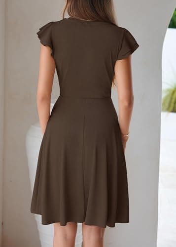 Lazysmile Summer Dresses for Women Ruffle Short Sleeve V Neck A Line Swing Ribbed Knit Casual Mini Short Dress Brown - Thumbnail 2