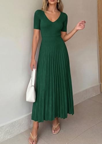 PRETTYGARDEN Women's 2026 Spring Midi Sweater Dresses Elegant Pleated Ribbed Knit Short Sleeve V Neck A Line Summer Outfits (Dark Green,Large) - Thumbnail 2