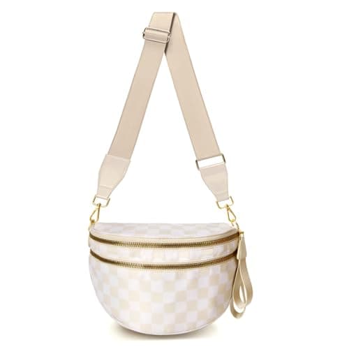 WOOMADA Checkered Crossbody Bag Bum Bag for Women, Fanny Pack Checkered Purse, Belt Bag with Shoulder Strap(Ivory Checkerboard) - Image 1