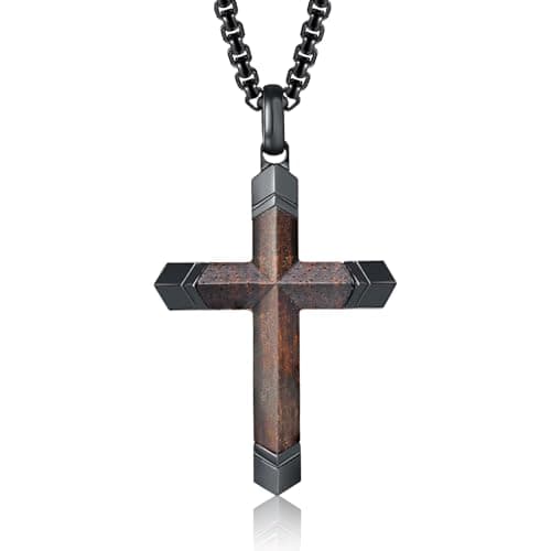 Wooden Cross Necklace for Men-Hawaiian Real Handmade Ebony Wood Cross Pendant Necklace Stainless Steel Chain, Mens Brown Cross Necklaces Koa Wood Jewelry Christian Baptism Crucifix Pendant for Men - Image 1