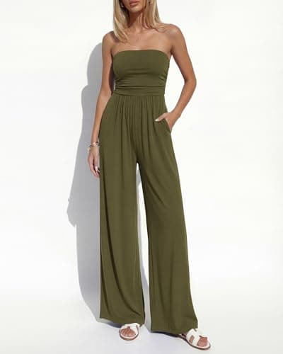 BTFBM Jumpsuits For Women Summer 2026 Beach Vacation Strapless Tube Top Jumpsuit Ruched Casual Wide Leg Pant Rompers(Army Green, Large) - Thumbnail 2