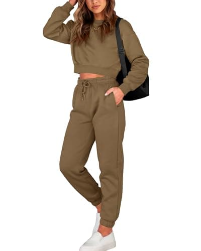 BTFBM Women 2 Piece Outfits Long Sleeve Crop Top Pullover Drawstring Pant Jogger Set Casual Sweatsuits Tracksuit Pockets(Dark Khaki, Medium) - Image 1