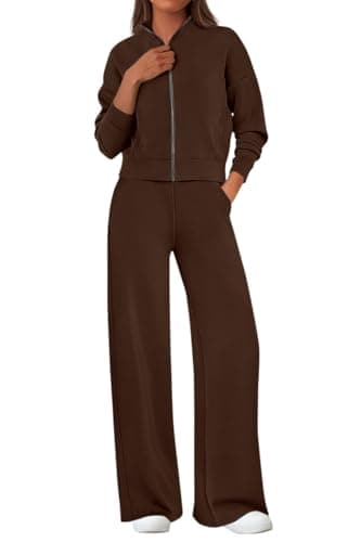 PRETTYGARDEN Women's 2 Piece Outfits Spring Sweatsuits Zip Up Sweatshirt Wide Leg Sweatpants Casual Tracksuit Lounge Sets(Brown,Medium) - Image 1
