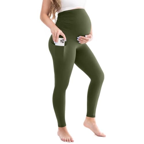 Leafigure Womens Maternity Leggings with Pockets, Pregnancy Buttery Soft Yoga Workout Pants Green XX-Large - Image 1