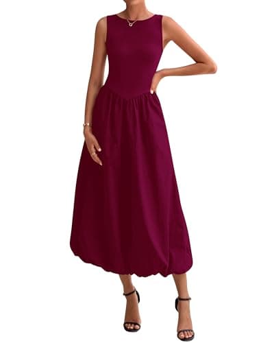 BTFBM Women's 2026 Summer Casual Sleeveless Midi Dress Patchwork Knit Tank Bubble Long Flowy Beach Maxi Sundress Pockets(Wine Red, Large) - Image 1