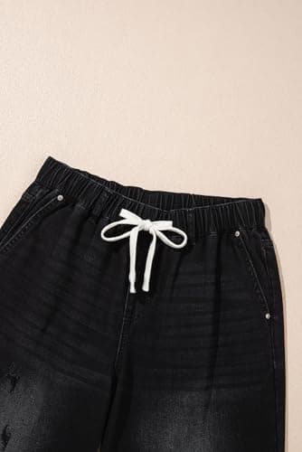 Dokotoo Wide Leg Jeans for Women Casual Trendy Mid Rise Stretchy Straight Leg Ripped Baggy Pants Black Jeans Womens Drawstring Denim Pants with Pockets - Thumbnail 6