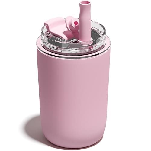 UIRZOTN 10 oz Insulated Coffee Tumblers, Travel Coffee Tumblers with Straw, Double-Wall Stainless Steel Tumbler, Leak Proof Tumbler, Reusable Cups with Lids for lced and Hot Drinks (Pink)