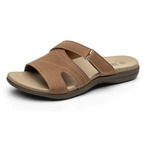 Rihero Women's Orthopedic Slide Sandals with Arch Support Orthotic Comfortable Slip On Summer Brown Flat Sandals with Adjustable Strap Size 6 - Image 1