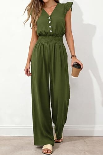 dowerme Women's Jumpsuits Dressy Casual 2026 Summer Ruffle Cap Sleeve V Neck Button Smocked Rompers Wide Leg Overalls(Army Green,Medium) - Thumbnail 6
