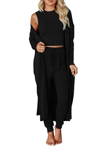 KIRUNDO 3 Piece Lounge Sets for Women Airport Travel Vacation Outfits Spring Cardigan Matching Sleeveless Top Jogger Pants(Black, XX-Large) - Image 1