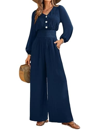 LOOKBOHO Jumpsuits for Women Dressy Casual Long Sleeve V Neck High Waist Wide Leg Romper 2026 Fall One Piece Outfits Navy Medium