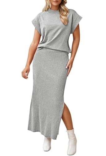 Pink Queen Women's Sweater Skirt Set 2 Piece Outfits Summer Knit Crew Neck Cap Sleeve Top Slit Pencil Maxi Dress Gray S - Image 1