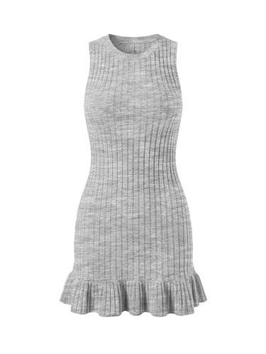 STOLKISS Women Summer Tank Dresses Sleeveless Crew Neck Basic Bodycon Mini Dress Casual Ribbed Knit with Ruffle Hem Sexy 2026 Light Grey - Thumbnail 5