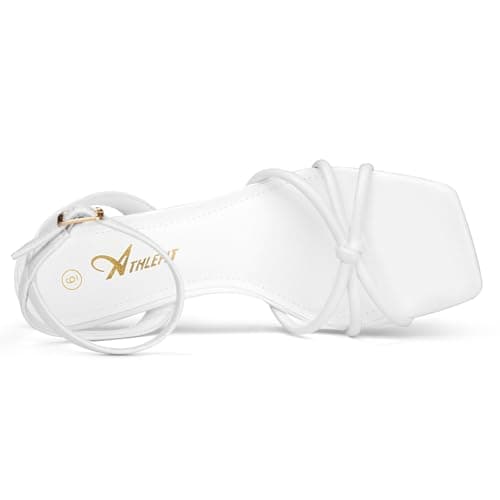 Athlefit White Kitten Heels for Women Square Open Toe Strappy Low Heels Comfortable Dressy Ankle Strap Sandals Size 9 - Thumbnail 5