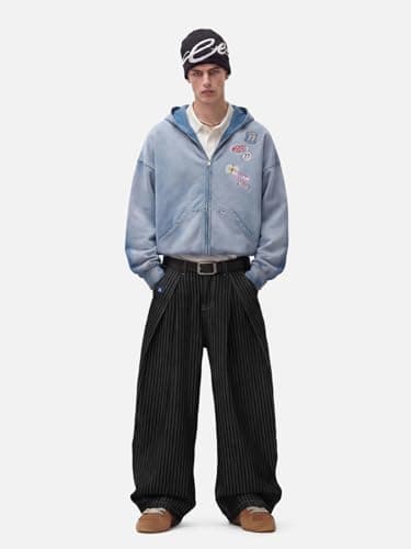 Aelfric Eden Pinstripe Baggy Barrel Jeans Pleated Wide Leg Denim Pants Men Women Loose Fit Streetwear Vintage Trousers Black XS - Thumbnail 5