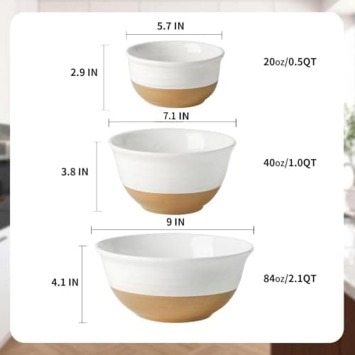 HASENSE Ceramic Mixing Bowls, Large Serving Salad Pasta Bowls Set, 2.1/1.0/0.5 Qt for Entertaining, White Nesting Batter Bowls for Prepping Baking, Dishwasher Microwave Safe, Set of 3 - Thumbnail 4