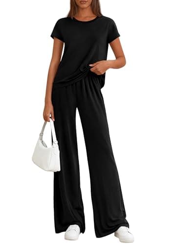 PRETTYGARDEN Women's 2026 Summer 2 Piece Matching Lounge Sets Short Sleeve Shirts Tops Wide Leg Pants Travel Airport Outfits (Black,Medium) - Image 1