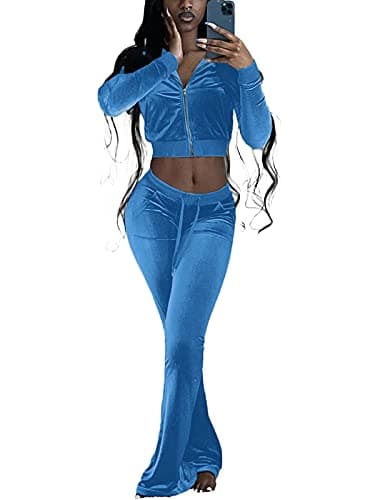 NSHYPOI Ladies Lapel Neck Jogging Suits Sets Plain Running Velour Outfit High Waisted Wide Leg Sweatpant Athletic Clothing Blue S - Thumbnail 3