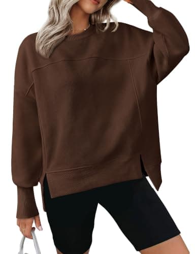 BTFBM Women's Casual Crewneck Sweatshirts 2026 Spring Long Sleeve Side Slit Workout Fleece Pullover Top Fall Fashion Clothing(Coffee, Small) - Image 1