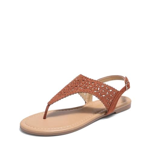 DREAM PAIRS Women's Rhinestone Casual Wear Cute Gladiator Flat Sandals Beach Dressy T-Strap Thong Sandals,Size 8.5,Brown-Suede,MEDINIE - Image 1