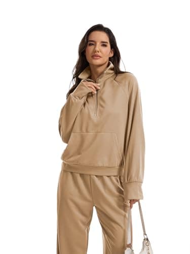 Anyshe Women's 2 Piece Sweatsuit Set Lounge Set Half Zip Sweatshirt with Kangaroo Pocket Thumb Holes Wide Leg Drawstring Pants Casual Tracksuit for Travel Daily Wear, Khaki, Medium - Thumbnail 3