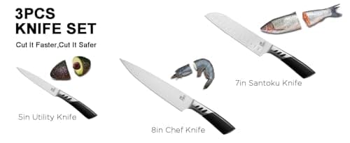CHUSHIJI Kitchen Knife Set 3 Piece | Professional Chef Knife Set with 8" Chef Knife, 7" Santoku Knife, 5" Utility Knife | High Carbon Stainless Steel Sharp Kitchen Knives for Home Cooking & Gifting - Thumbnail 3