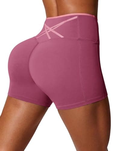 Aoysky Womens Workout Biker Shorts 5" Color Block High Waisted Yoga Athletic Shorts Pink - Image 1