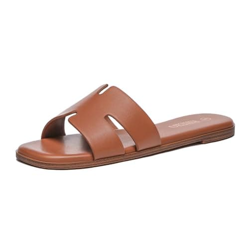 Rihero Women's Dressy Flat Sandals Comfortable Slip On Leather Slide Brown Sandals Size 8 - Image 1
