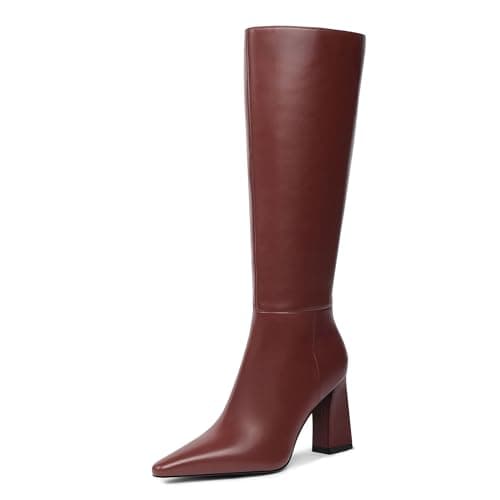 Meolee Knee High Boots for Women Chunky High Heel Long Boots Pointed Toe Leather Boots with Side Zipper - Thumbnail 4