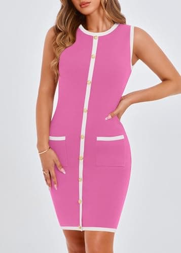 KIRUNDO Women's Work Business Casual Dress 2026 Summer Cocktail Semi Formal Office Elegant Classy Knit Color Block Dresses(Hot Pink, Large) - Thumbnail 4