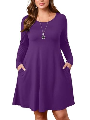 AusLook Women's Plus Midi Dress Long Sleeve Crew Neck A-Line Casual Swing Flowy Floral Vacation Boho Fall Maternity Wedding Guest Work Purple 5X 2025 Dresses - Image 1
