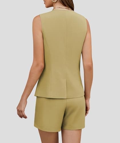 Casly Lamiit Two Piece Short Sets for Women 2025 Summer Sleeveless Work Waistcoat Dressy Casual Outfits Matching Professional Casual Suit Mustard Yellow L - Thumbnail 4