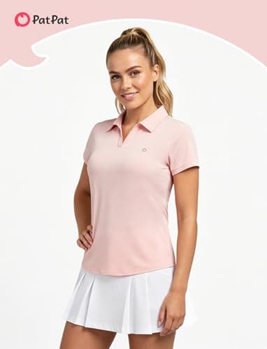 PATPAT Women's Golf Tennis Shirt Polo V-Neck Short Sleeve Shirts Lightweight Slim Fit Tops Summer Daily Sports Wear Pink，M - Thumbnail 4
