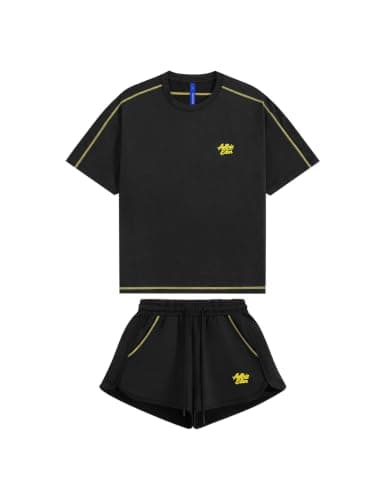 Aelfric Eden Cloud Oversized Sweat Set for women 2 Piece Shorts Outfits 2026 Summer Casual Loose Short Sleeve Matching Lounge Sets Black Medium