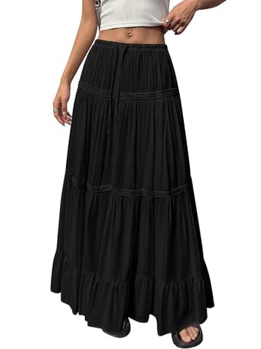 BTFBM Spring Skirts for Women 2026 Summer Boho Beach Vacation Clothes Casual Pleated High Waisted Flowy Maxi Skirt(Black, X-Large) - Thumbnail 3