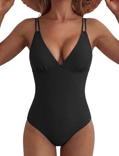 ZAFUL One Piece Swimsuit Women Sexy Deep V Neck Push Up Bathing Suit Tummy Control Swimsuits Full Coverage High Cut Long Torso Swimsuits Modest Retro Adjustable Straps Cross Back Tie Swimwear Black S - Image 1