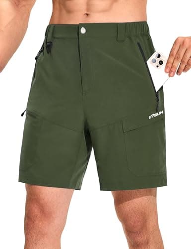 KPSUN Men's 7" Hiking Cargo Shorts Lightweight Quick Dry Tactical Golf Shorts with Zipper Pockets for Fishing Camping Work(OliveGreen XL)