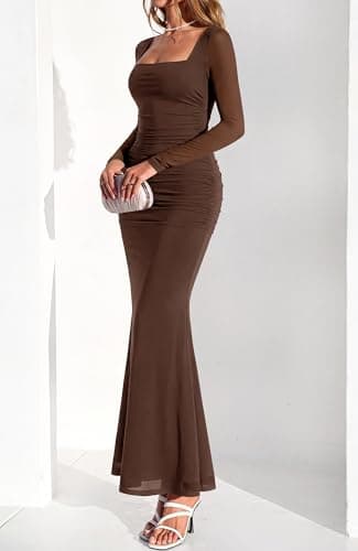BTFBM Women's Maxi Dresses Fall 2026 Long Sleeve Ruched Bodycon Dress Square Neck Cocktail Party Wedding Guest Dresses(Coffee,Large) - Thumbnail 4